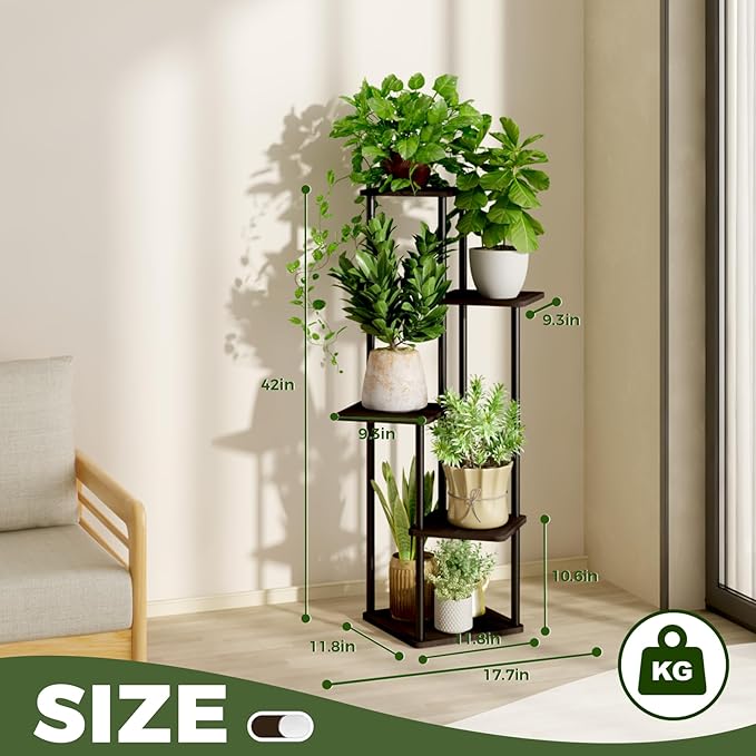 5 Tiered Plant Stand Indoor Corner Plant Shelf for Multiple Plants for Patio Garden Balcony Living Room Bedroom, Tall Metal Flower Pots Stand Relaxing for Women Gift Black Oak
