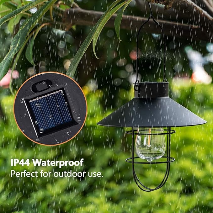 HUYIENO 2Pack Solar Metal Hanging Lantern with Shepherd Hook Outdoor Led Garden Lights Black