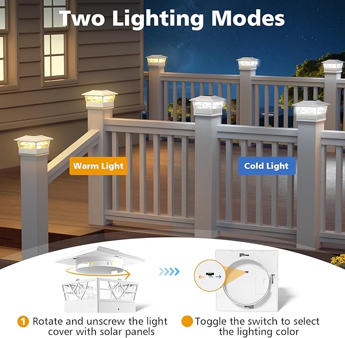 NIORSUN Solar Post Lights Outdoor 4 Pack, 2 Modes LED, Deck Fence Post Solar Lights for 3.5x3.5 4x4 5x5 5.5x5.5 Caps Patio Garden Decoration, White