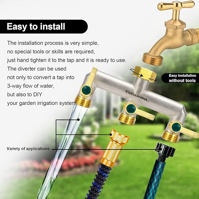 Garden Hose Splitter, 3-Way Faucet Diverter with 3 Extended Metal Handles, Outdoor Hose Splitter, Heavy Duty Brass Nickel Plated, GHT 3/4-Inch Heavy Duty Hex Female Inlet and 3/4-Inch Male Outlet