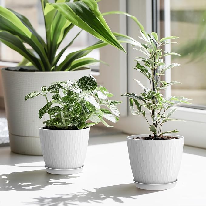 6 inch Flower Pots, 5 Pack Plant Pots with Drainage Holes and Saucers for Indoor Plants, Plastic Planters with Water Ripple for Small Garden House Plants, Nursery Pots for Succulent, White