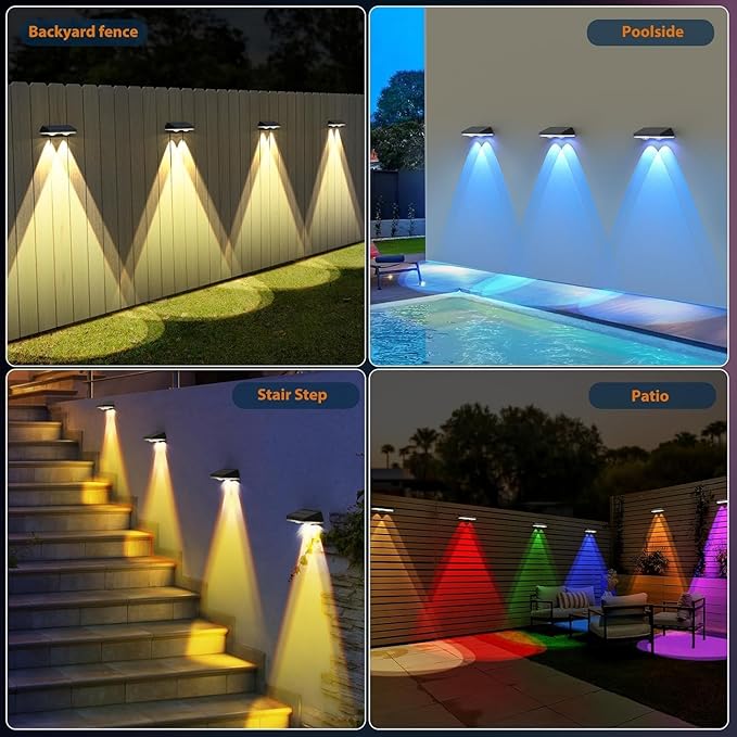 Solar Fence Lights ,RGB & Warm White & 6 Colors Lens LED Dusk to Dawn Deck Light, Fence Solar Lights Outdoor Waterproof, Solar Outdoor Lights for Backyard/Railing/Wall/Step/Patio/Pool -set of 20