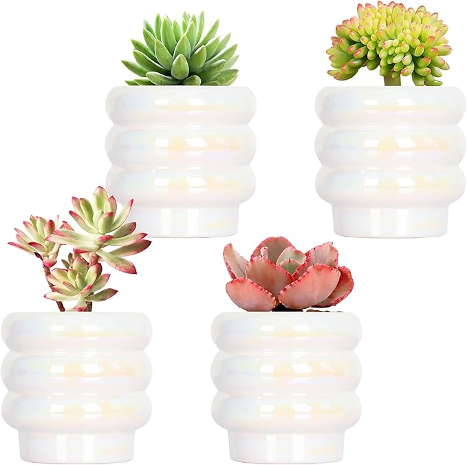 4.1 inch 4 pcs Ceramic Plant Pots for Indoor Plants, Rainbow Pearl Glaze Planter with Planters for Plants with Drainage Hole, Orchid Pots, Succulent Pot, Small Flower Pot (White)