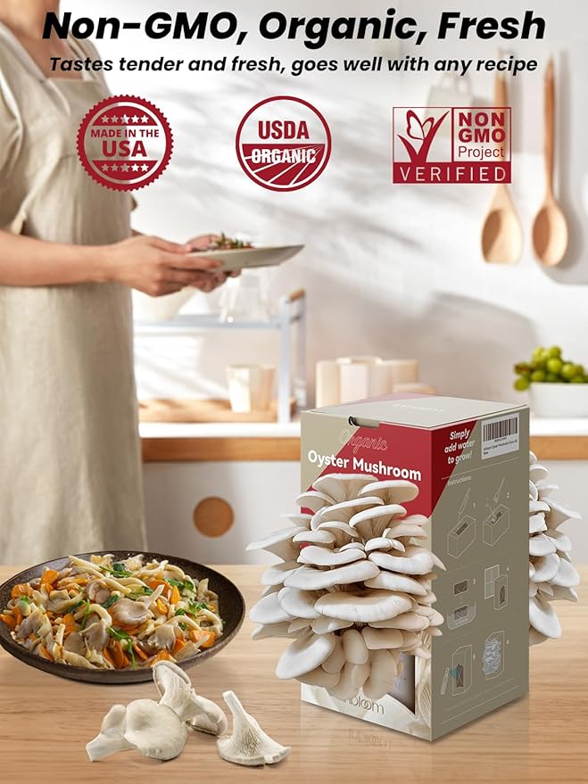 inbloom Organic Oyster Mushroom Growing Kit with Spray, Harvest Fresh Mushrooms at Home, Beginner Friendly & Easy to Use, Unique Gardening Gift for Holiday, Handmade in New Jersey, USA
