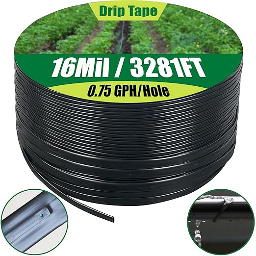 5/8" Drip Tape 3281FT, 6" Spacing Roll,16 Mil Garden Irrigation Tubing Hose, Adjustable Drip Tape Irrigation, Automatic Drip Irrigation System for Flowers, Plants, Fruits, 0.75 GPH/Hole