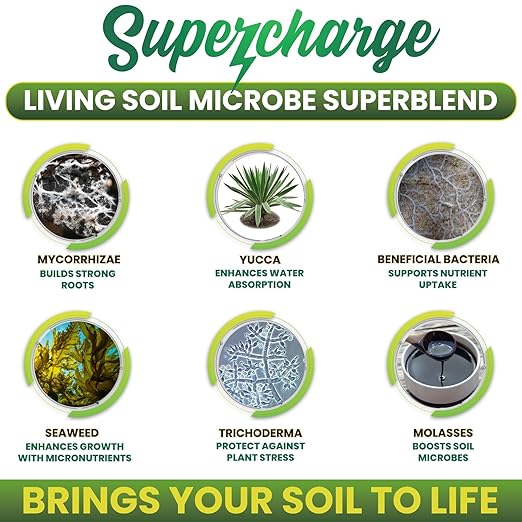 Mycorrhizal Fungi with Beneficial Bacteria, Trichoderma, Sea Kelp, Molasses, Yucca, Smart Grower Supercharge Plant Root Enhancer 2oz Super Concentrate Powder Makes 25 Gallons