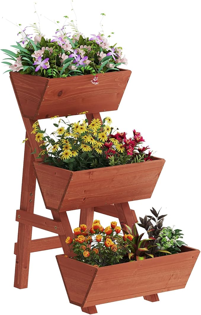 3-Tiers Wooden Raised Garden Bed,Wood Planter Box for Vegetable,Flower Rack,Flower Pot Stands,Indoor Outdoor Gardening Planting Beds (Brick red, Small)