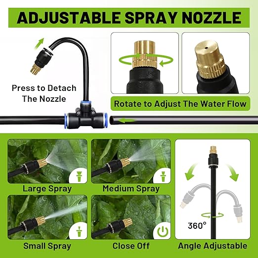 Garden Drip Irrigation Kit, 100ft Black Hose, 360° Adjustable Universal Nozzle, Patio Mist Plant Watering Sprinkler, Comes with Faucet Separator, Sprinkler Hose Adapter (Closeable nozzle-20)