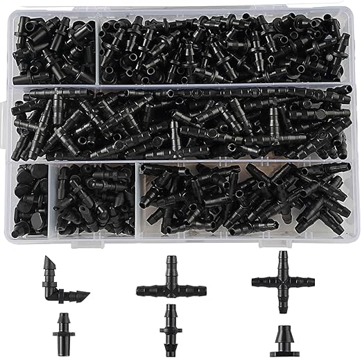320PCS Drip Irrigation Parts, Barbed Connectors Drip Irrigation Fittings, Connect 1/4" Drip Irrigation Tubing, (End Plug,Elbows,Straight Barbs,Single Barbs,Tees, 4-Way Coupling) Drip Irrigation Kit