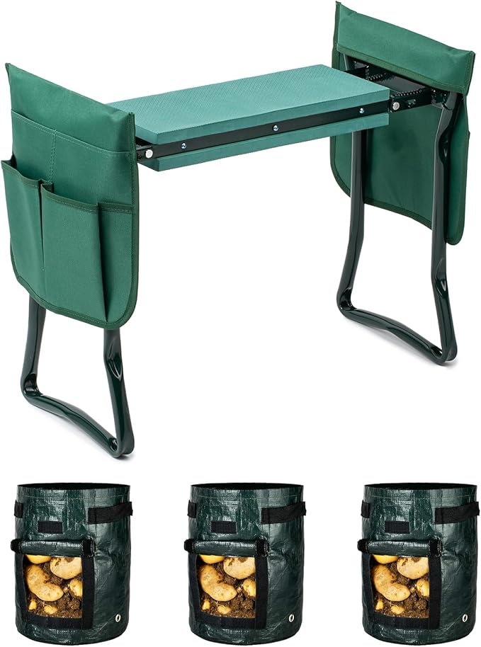 iPower 2-in-1 Garden Kneeler and Seat with 3 Pack 10 Gallon Potato Grow Bags, 2 Removable Tools Pouch and Soft Kneeling Pad, No Assembly, Portable Heavy Duty Garden Stool for Women Men Seniors