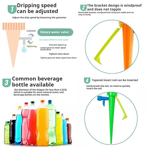 14Pcs Upgrade Plant Self Watering Spikes,Potted Plant Drip Irrigation Slow Automatic Release,Adjustable Watering System Devices with Control Valve Switch for Outdoor Indoor Plants (7 Green + 7Orange)