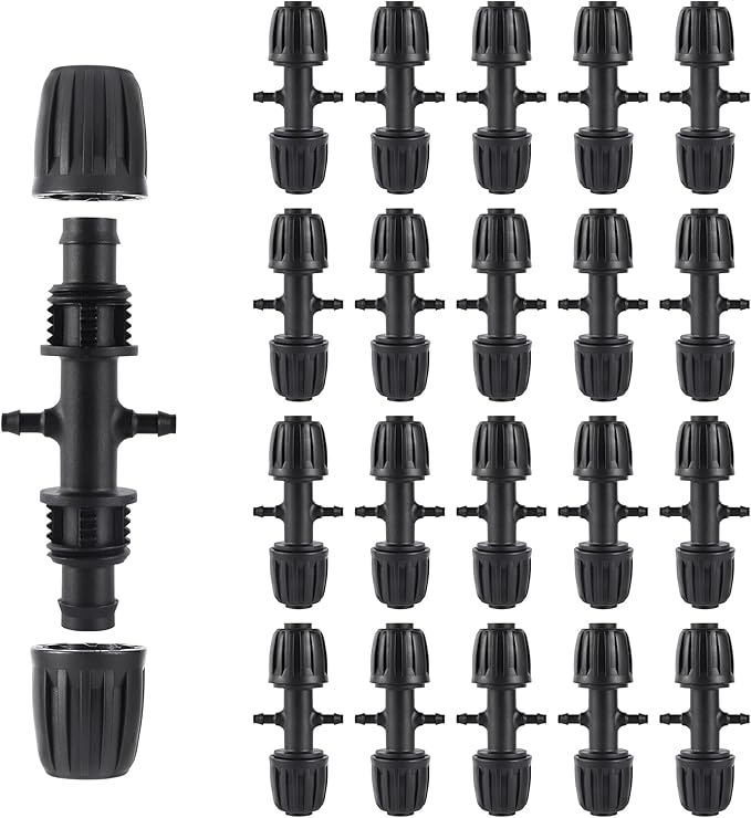 Barbed Tee 1/2 Inch to 1/4 Inch Irrigation Tube Fittings for (1/2'' ID x 0.60''-0.63'' OD) 16mm Drip Tubing Anti-Drop Barbed Connectors,4-Way-20 Pcs