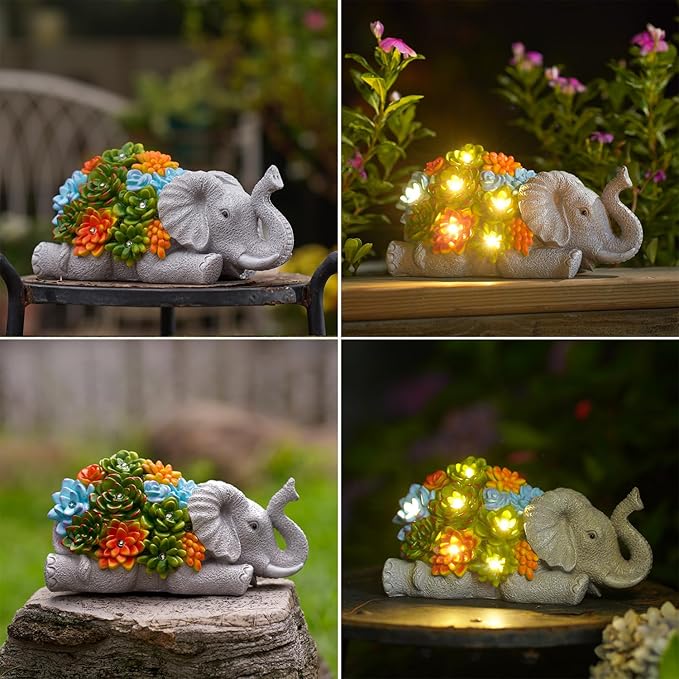 Nacome Elephant Statues with Succulent for Garden Decor: Solar Outdoor Clearance Outside Yard Art Porch Patio Balcony Front Lawn Ornaments –Birthday Gifts for Mom Grandma Women