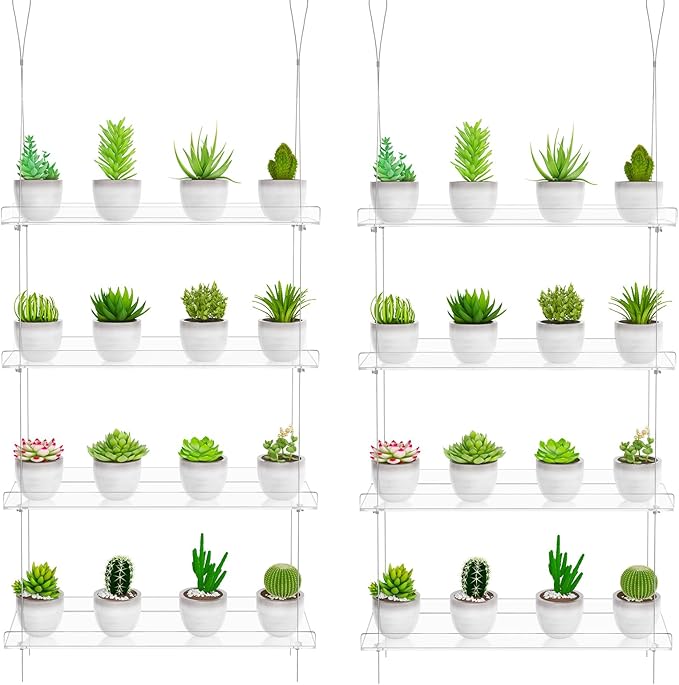Clear Hanging Window Plant Shelves,2-Pack 4-Tier,Indoor Windows Wall Hanging Plant Stand Flower Display,Flower Pot Organizer Storage for Window Grow Herbs,Microgreens,Succulents,Flowe4,16-Inch