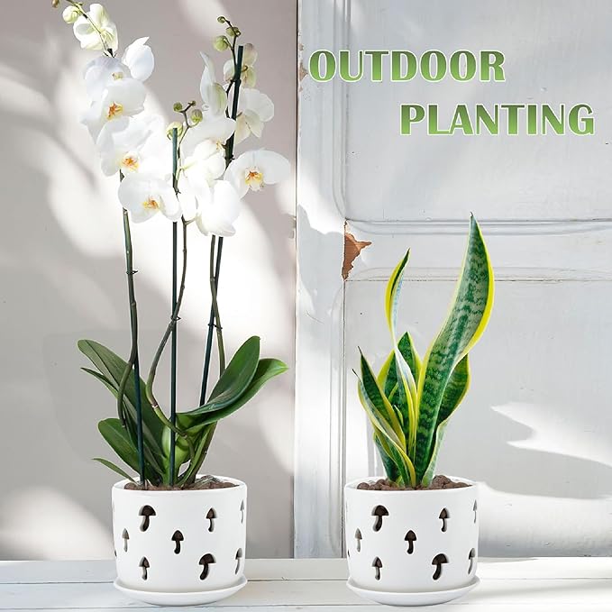 Ceramic Orchid Pot, 5 inch+6 inch Orchid Pots with Holes, Mushroom Shape Orchid Planter with Drainage and Saucer, Effectively Prevent The Root Rot of Orchids, White Flower Pot