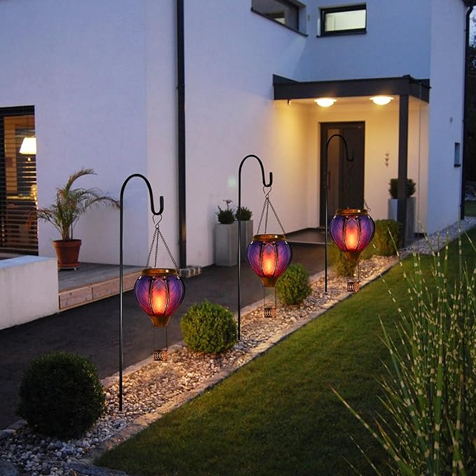 Hot Air Balloon Solar Lantern with Flickering Flame Hanging Solar Lights Outdoor Waterproof Lanterns for Garden Patio Yard Party Decoration Blue&Pink