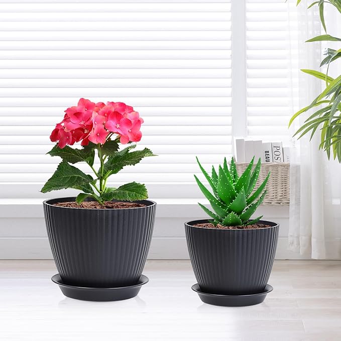 7/6.2/5.5/5/4.5/4 inch Flower Pots, 6 Pack Plant Pots for Small Indoor Outdoor Plants, Plastic Planters with Drainage Holes and Saucers for Garden Succulent House Plants, Black