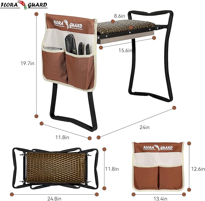 FLORA GUARD Garden Kneeler and Seat, Heavy-Duty Foldable Garden Kneeling Pad, High Breathability Artificial Rattan Shaped Cushion with Tool Bags, Gardening Gift for Gardeners and Seniors