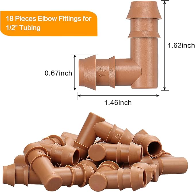 18 Pieces Drip Irrigation Fittings Elbow Connectors for 1/2" Tubing, Barbed Elbows Drip Parts for 1/2 Inch Irrigation Tubing(0.600" ID), Drip Line Connectors for Drip Sprinkler Garden Systems