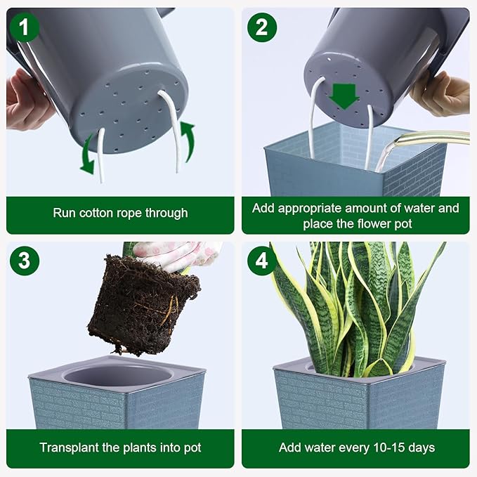 2 Pieces 6 Inch Self Watering Planter, Plastic Flower Pots with Inner Pot Indoor Plants Brick Pattern Flowerpot for Indoor Plants, African Violets, Flowers, Herbs (Antique Silver)