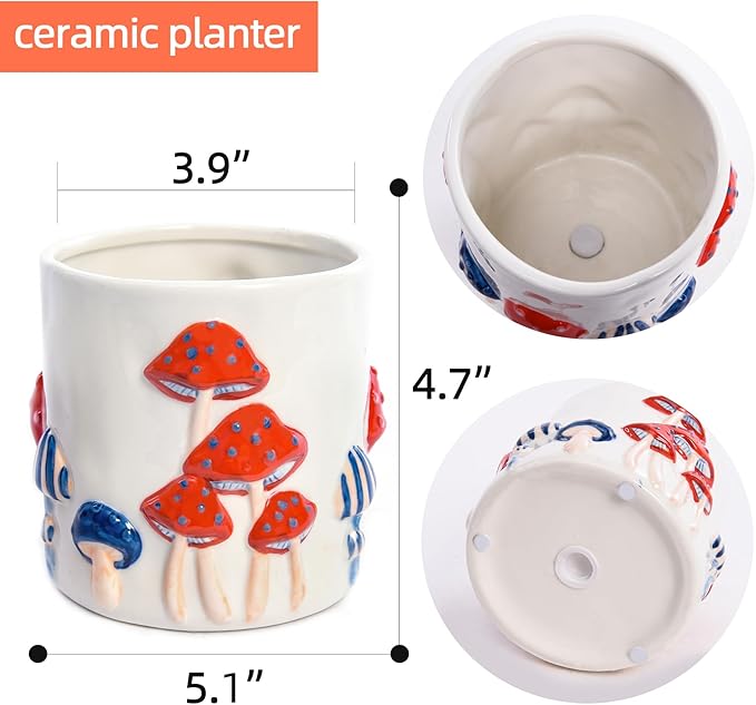 Colorful Mushroom Ceramic Planter for Indoor Plants, Small Plant Pots with Drainage, 5 Inch Pots for Plants, Flower Pots for Outdoor Indoor Plants, Plant Pot for Windowsill Patio Garden
