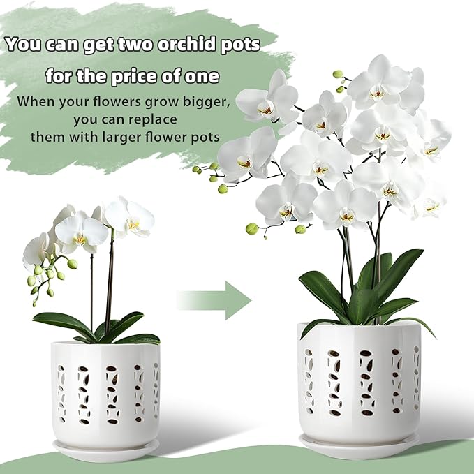 Ceramic Orchid Pots with Holes, 5 Inch+6 Inch Orchid Planter with Drainage Holes and Tray, Indoor Flower Pot for Repotting Orchids, Elegant White Glaze