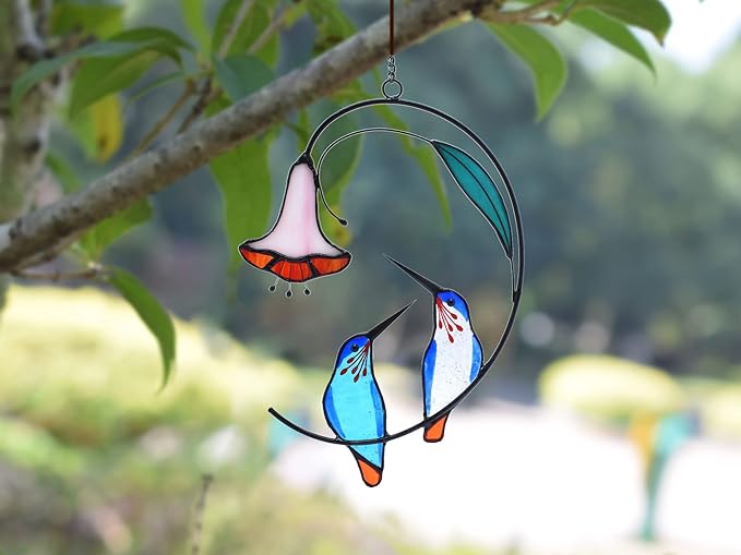 Lolitarcrafts Hummingbird with Flower Stained Glass Suncatcher Bird Stained Glass Window Hangings Hummingbird Gift for Home Decor (Blue 1 Pair)
