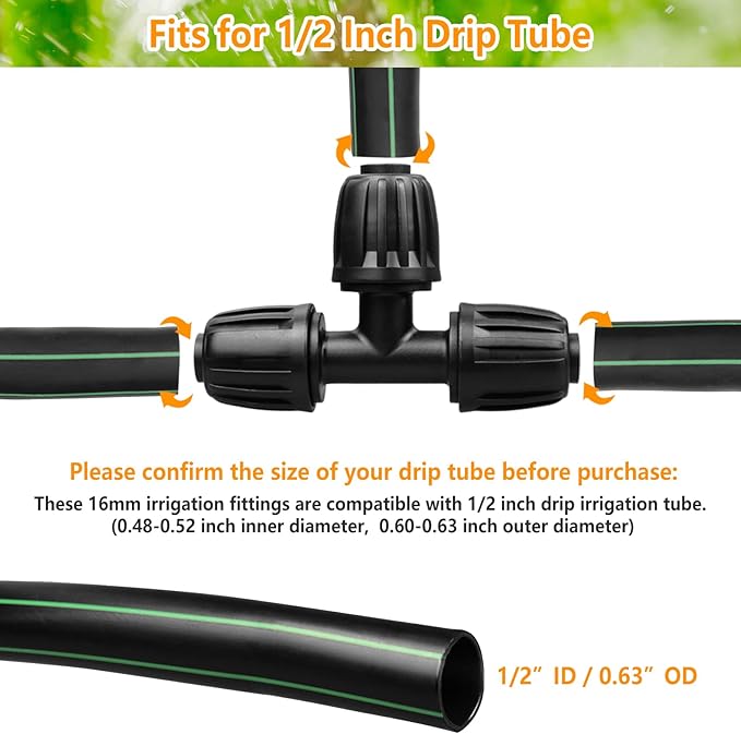 Drip Irrigation Fittings for 1/2 Inch Tubing (0.60"-0.63" OD), 10 Pieces Barbed Tee Drip Parts Locked Tee Connectors, 3 Way Drip Line Nuts Connectors for 1/2" Drip Irrigation Hose (13mm ID)