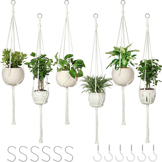 6 Pack Macrame Plant Hanger Indoor Hanging Planters for Indoor Outdoor Plants with 6 S Hooks and 6 Hook Nails, Hanging Plant Holder 43" Boho Home Decor,Ivory