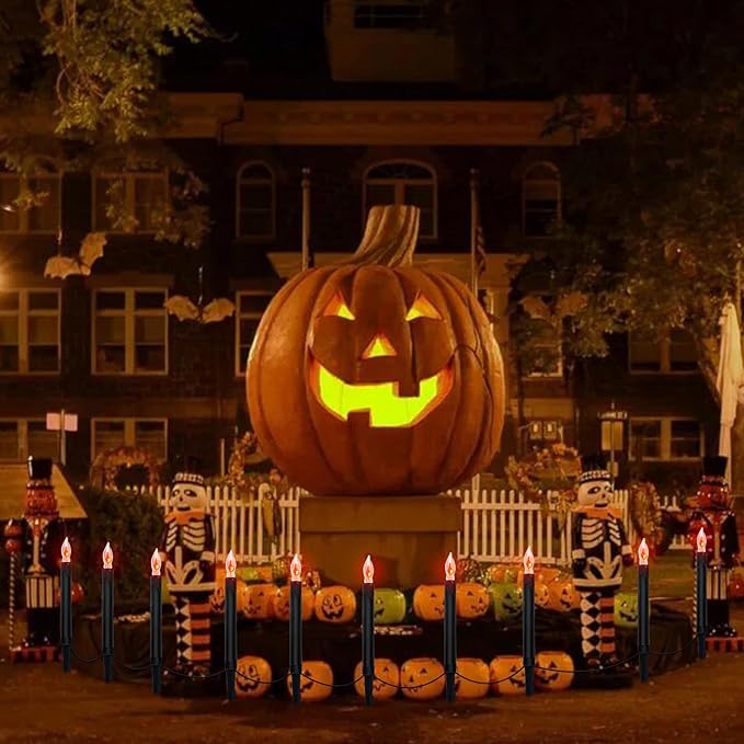 Halloween Pathway Lights Outdoor, 19.5Ft Halloween Pathway Marker String Lights with 10 C18 Flicker Flame Black Candles Stakes Lights Plug in Halloween Walkway Lights for Lawn Garden Sidewalk Driveway