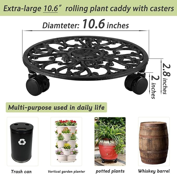 2 Packs 11 Inch Rolling Plant Stand with Wheels Wrought Iron Rolling Plant Stand with Casters Heavy Duty for Indoor Plants Rollers with Plant Saucers, Metal Round Plant Dolly