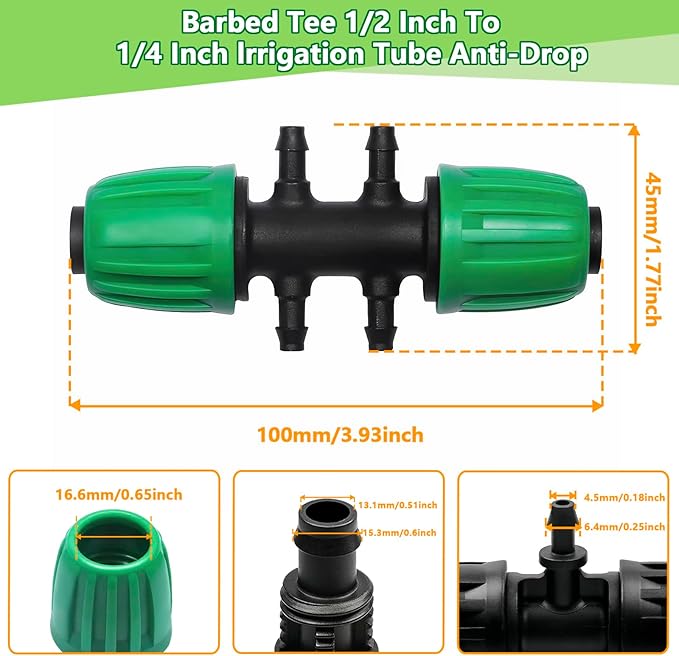 12 Pack 1/2 Inch To 1/4 Inch Drip Irrigation Fittings (1/2" ID x 0.65" OD), Drip Line Irrigation Locked Barbed 1/2" To 1/4" Adapter Anti Leak Irrigation System 1/2 Inch To 1/4 Inch Tee