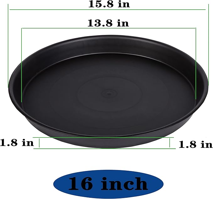 4 Pack of 16 inch Plant Saucer (13.5" Base), Heavy Duty Plastic Plant Tray for Pots, Flower Water Trays for Indoors, Bird Bath Bowls, Plant Drip Saucers for Planter 14"/15"/16" (Black)