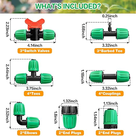 20 Pieces Drip Irrigation Fittings for 1/2 Inch Drip Tubing (1/2" ID x 0.65" OD)：1/2'' Irrigation Tubing Connectors Including Couplings Tees Elbows Valves Reducing Tee Plugs 3/4" Adapters