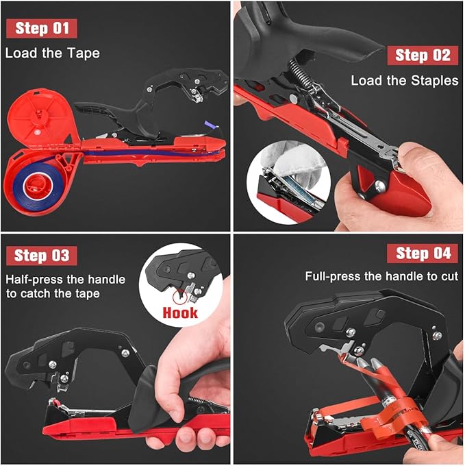 FUNTECK Professional Plant Tying Machine to Bind Tomatoes and Grapes Effortless Garden Tape Tool for Gardeners Farmers, Including Spare SK5 Blade, Garden Tapes and Staples, Red/Black