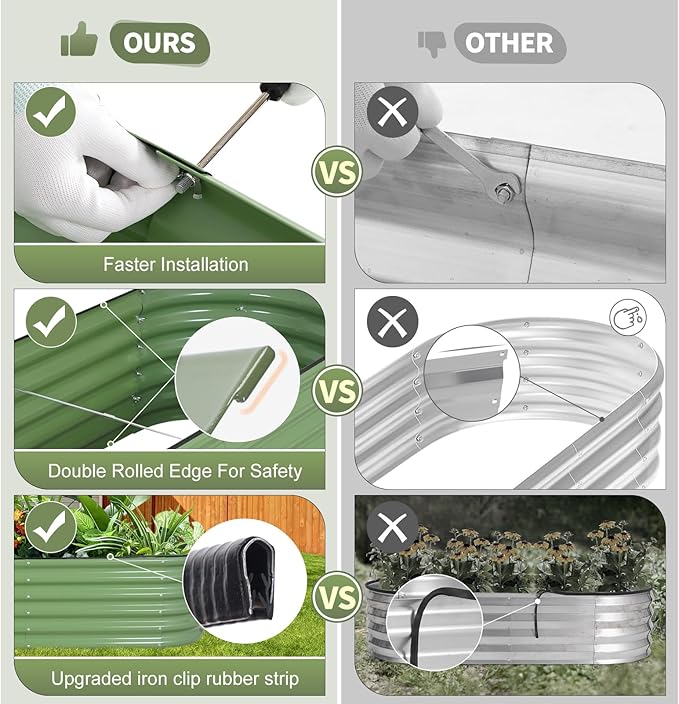 Galvanized Raised Garden Bed Outdoor- Raised Beds for Gardening| Metal Planter Box, Steel Raised Garden Bed Kit with Safety Edging and Gloves for Vegetables, Flower, Herbs (6x2x1.4FT, Green)