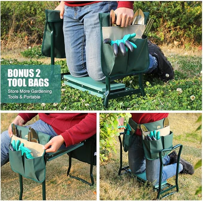 G GOOD GAIN Garden Kneeler Seat Gardening Stool Widen Soft Kneeling Pad with 2 Larger Tool Pouches Outdoor Foldable Sturdy Gardening Tools Gifts for Gardeners, Green