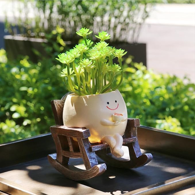 Smiley Face Planters for Indoor Plants, Cute Head Resin Rocking Chair Plant Pots, Funny Small Pots for Plants with Drainage Hole for Home Decor (Drinking Coffee)