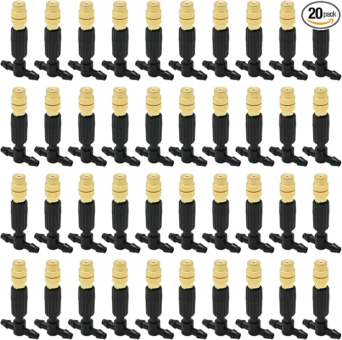 3-Way Atomizing Nozzle with Drip Irrigation Connector Irrigation Nozzle for 1/4-inch Drip Tubing Brass Misting Nozzles Tees for Gardens, Irrigation, Greenhouses, Lawns (20 PCS)