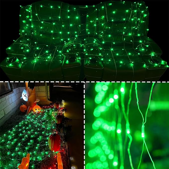WATERGLIDE Outdoor Christmas Net Lights, 12FT x 5FT 360 LED Mesh String Light with 8 Lighting Modes, Connectable Waterproof Lights for Garden Tree Bushes, St. Patrick's Day Party Decorations, Green
