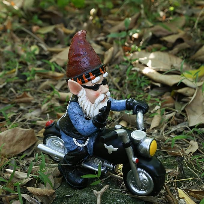 Garden Gnome Riding Motorcycle Funny Outdoor Gnome Decoration Indoor Outdoor Lawn Figurines for Home Yard Décor, Small