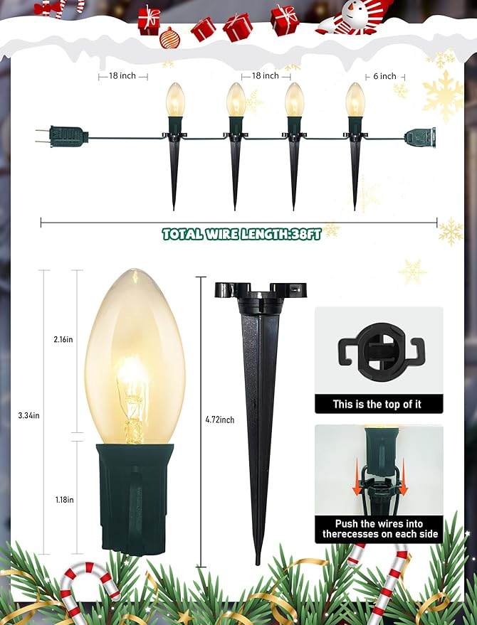 Christmas Pathway Lights Outdoor, 38Ft Outdoor Christmas Decorations with 25 C9 Warm White Christmas Pathway Stakes Lights, Connectable Christmas Walkway Lights for Yard Lawn Sidewalk Driveway Garden