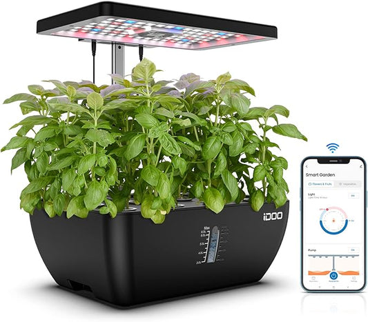 iDOO Hydroponics Growing System Kit 12Pods WiFi, Christmas Gifts for Women Mom, Indoor Herb Garden with LED Grow Light for Home, Built-in Fan, AutoTimer, 6.5L Large Tank Plant Germination Kit, Black