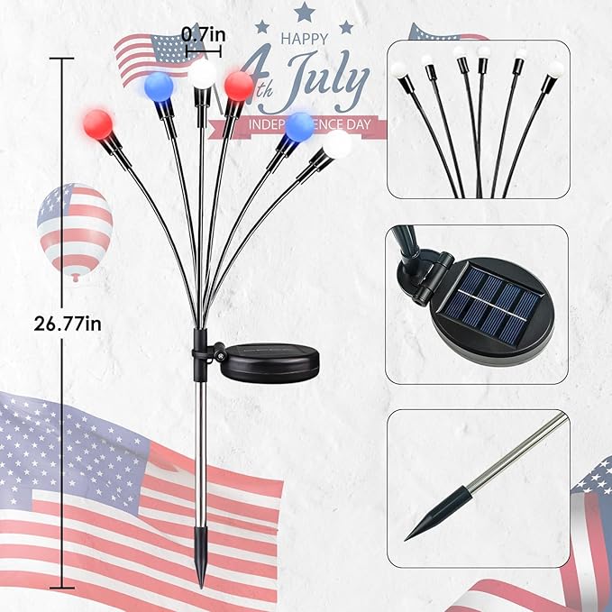 OZS 4pack Solar American Flag Lights - 4th of July Solar Garden Outdoor Waterproof Firefly Light for Memory Day, Independence Day, National Day Decoration (Red White Blue)