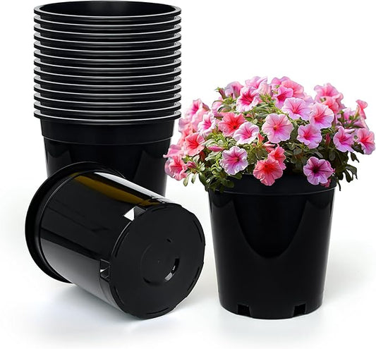 1.5 Gallon Plastic Nursery Pots, 7.5 Inch Round Plant Pots with Drainage Holes, 15 Pack Flower Pots for Outdoor Indoor Plants, Flowers, Black