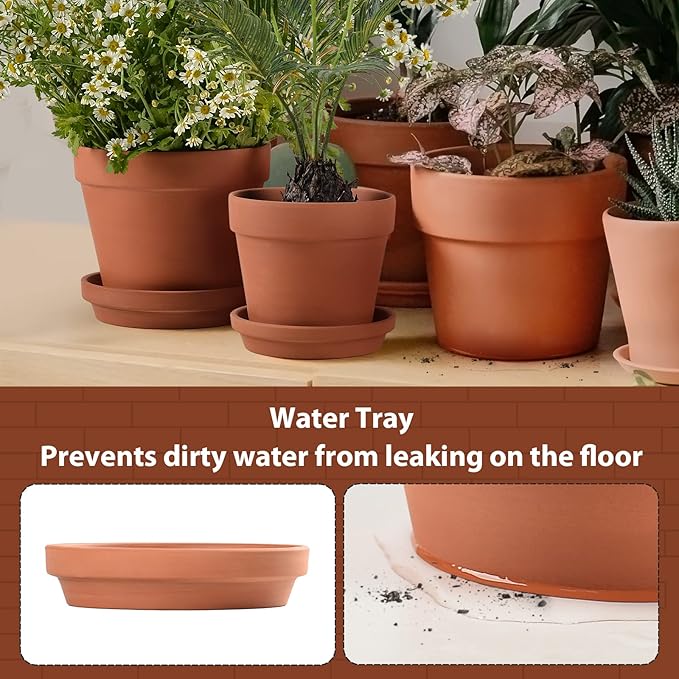 INGOFIN Terracotta Pots Set with Saucer - 5/6/7 inch Ceramic Clay Planters with Drainage Hole, Garden Flower Succulent Pots with Tray for Indoor Outdoor Plants, Set of 3