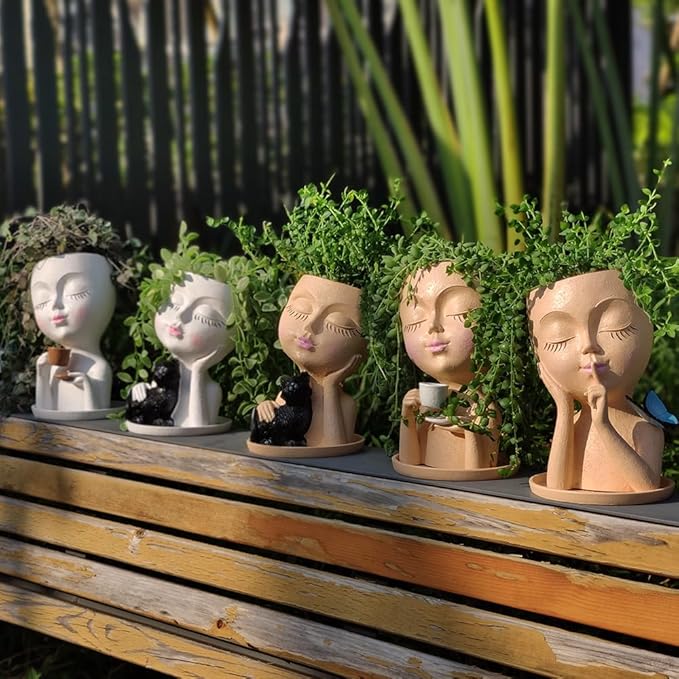 Face Planter Pots, Resin Face Planter for Indoor/Outdoor Plants,Head Planter with Drainage Hole/Removable Saucer,Girl Holding Coffe (Coffee, Light)