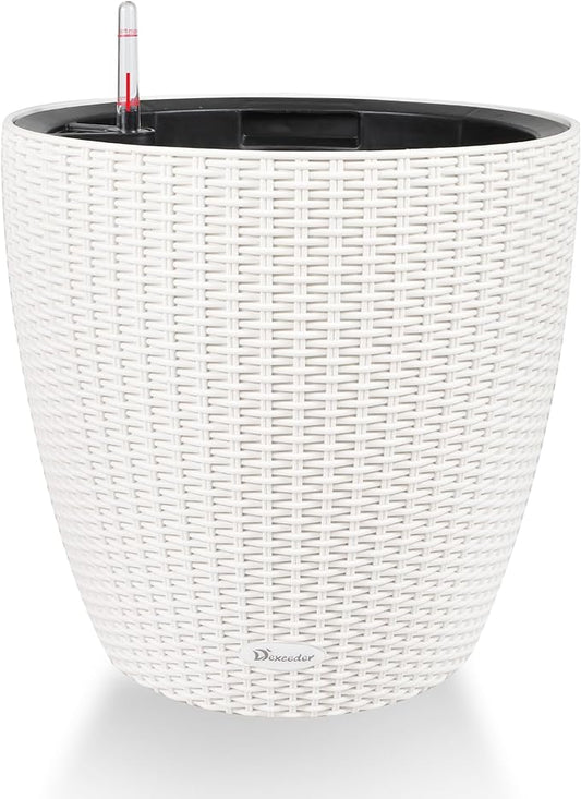Dexceder 18x17 Inches Rattan Self Watering Planter Indoor Outdoor, Inner Pot Design, Thickened Table Flower Plant Pot with Water Level Indicator (Ivory White)