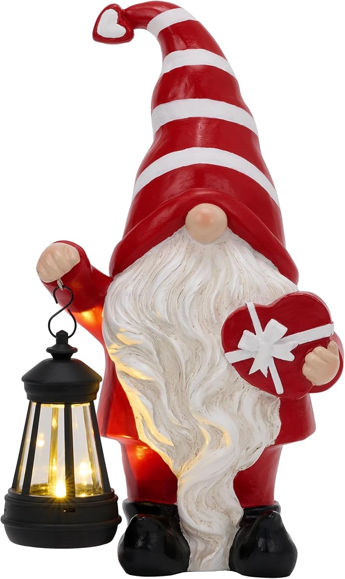 TERESA'S COLLECTIONS Christmas Valentine's Day Decorations for Outdoor Decor, Resin Garden Gnome Holding Gift & Lantern with Solar Lights Outdoor, Garden Decor for Outside Valentine Gifts, 7.87"