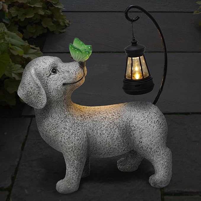 Solar Garden Outdoor Statues Dog with Butterfly Solar Lantern, Lawn Decor Puppy Figurine for Patio Balcony Yard, Yard Unique Christmas Birthdays Gift for Mom Grandma